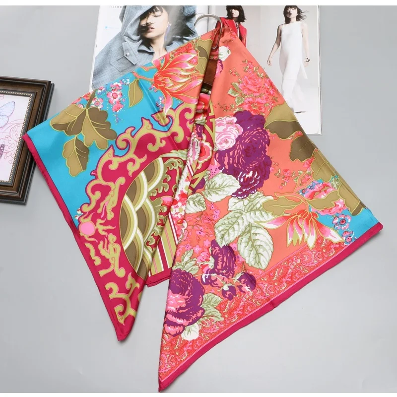 

35" Fabulous Flowers Print 100% Twill Silk Scarf Wraps Women's Fashion Head Scarves Hijab Large Square Silk Scarf Shawl