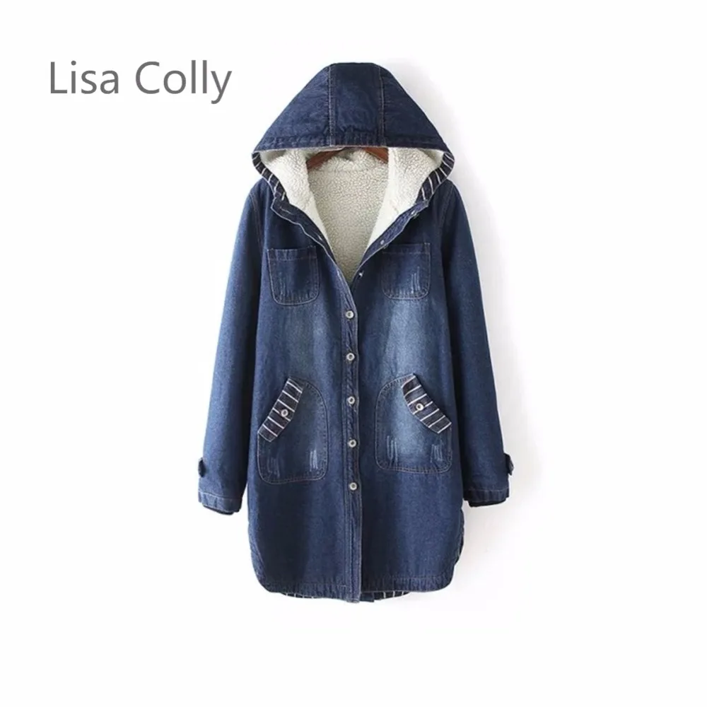 

Lisa Colly Winter Warm Fur Jeans Jacket Women Long Sleeves V-Neck Motorcycle Jacket Outwear Blue Denim Jacket Coat with Hooded
