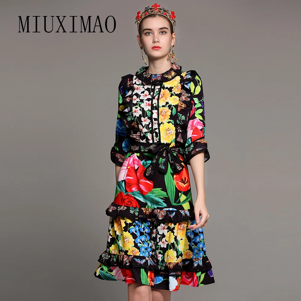 

Europe Fashion 2018 Spring Newest A-Line O-Neck Half Sleeve Floral Print Cascading Ruffle Elegant Above Knee Dress Women