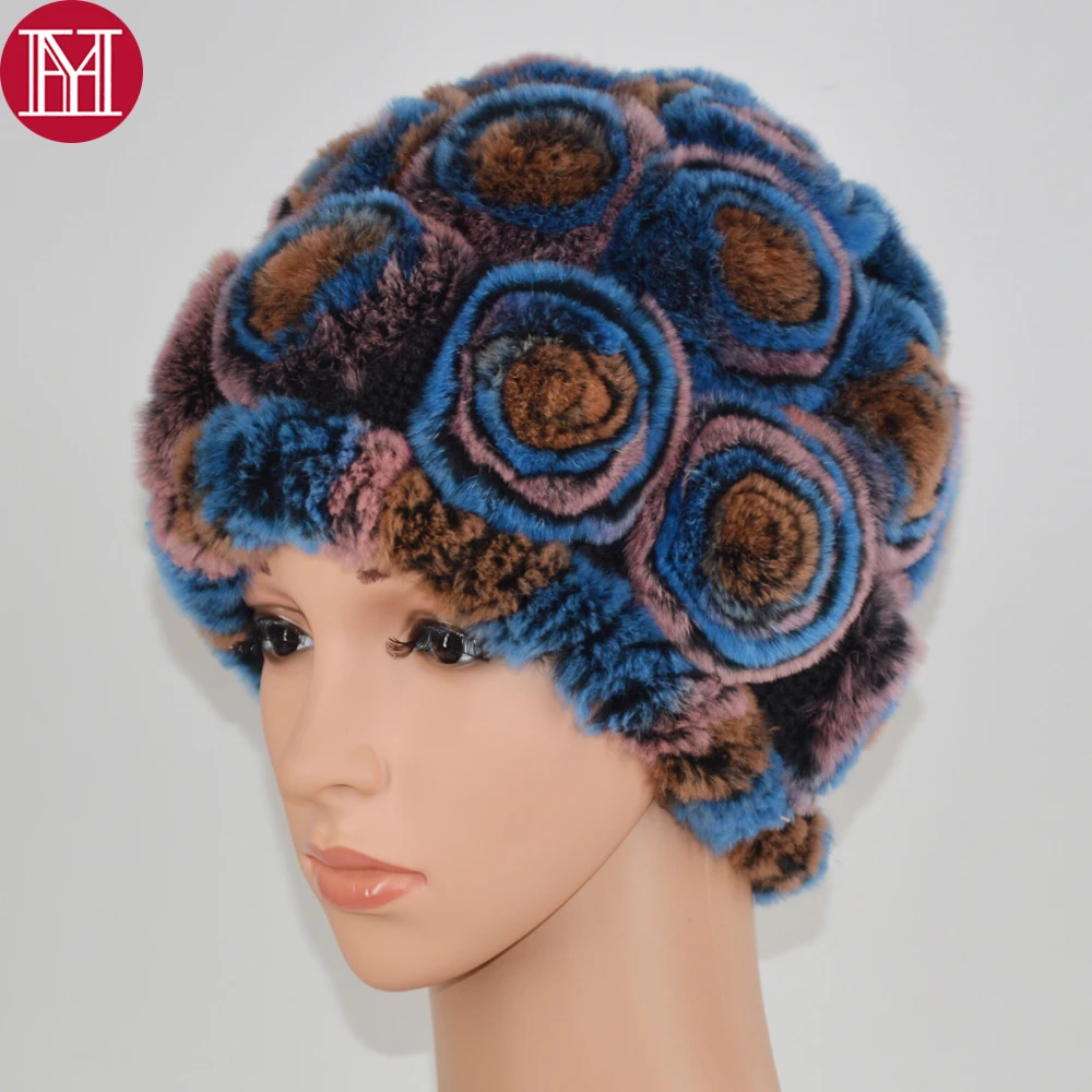 

New Women Real Rex Rabbit Fur Caps Flower Lady Winter Hats Girls Skull Cap Real Fur Knitted Rabbit Skullies Beanies Female Caps