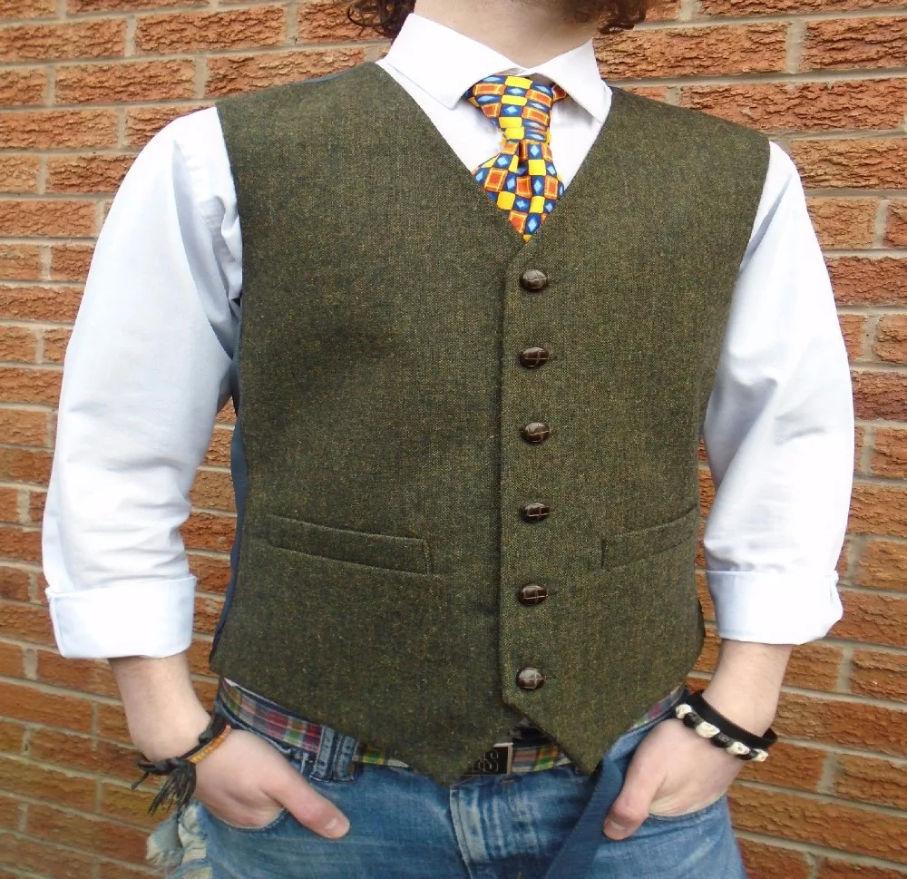 Tweed Vintage Rustic Wedding Vest MENS WOOL HERRINGBONE