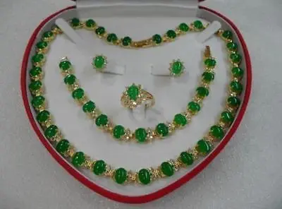 

FREE SHIPPING>> new hot women's jewelry green jade gem yellow gold Earring Bracelet Necklace Ring