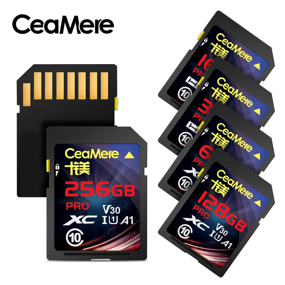 CeaMere SD Card 256G 128GB 64GB 32GB 16GB XC HC Flash Memory Card Class 10 UHS 3
