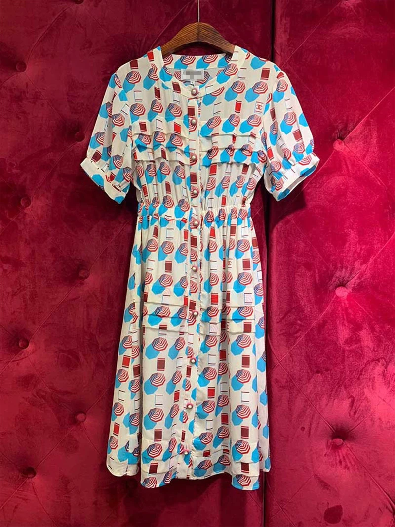 

2019 Women New Silk Umbrella Printing Summer Shell Button Dress Long-sleeved Casual High Quality Dress Party Elegant Clothes