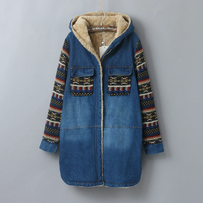 Doublure Chaud Capuche Femmes Jeans Veste Fourrure De Manteau À Automne Manches Longues Broderie Avant 2017 Avec Poches Tribal Outwear Denim Long BI48Ox