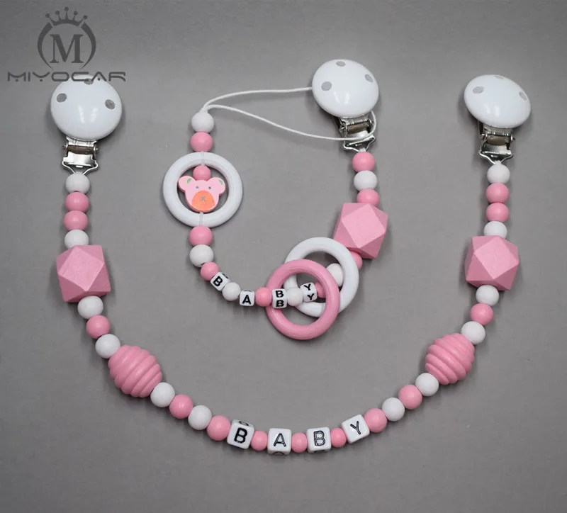 

MIYOCAR handmade wood clip pink stroller toy chain for pram stroller mobile rattle and wooden bead pacifier clip holder