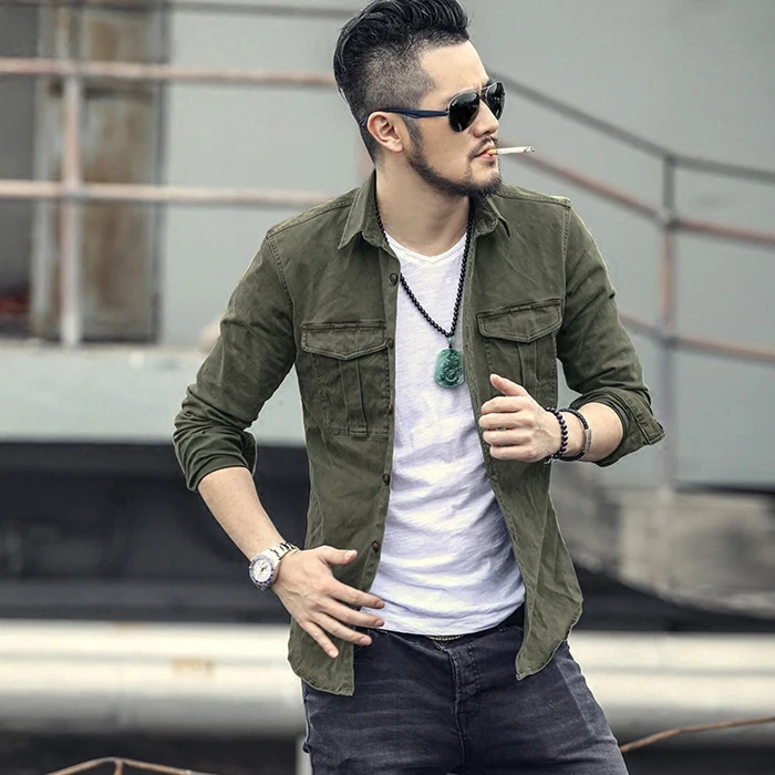 

Men's Long Sleeved Front-button Solid Slim Fit Military Shirt Cargo Style Blouse Tops Male Shirts M1
