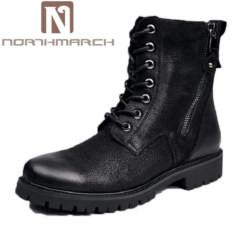 NORTHMARCH New Winter Warm Vintage Motorcycle Boots Men Fur Plush Dr Martin Shoes Men Genuine Leather High Top Boots Footwear