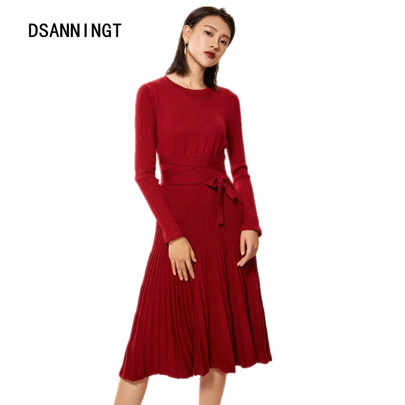 

2018 New Autumn Winter Cashmere Blend Dress Female Belt O-Neck Dress Sweater Long Sleeve Pullover Dress Women Vestidos de Festa