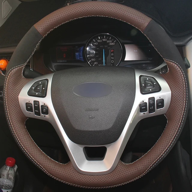 Coffee Natural Leather Black Suede Car Steering Wheel Cover for Ford