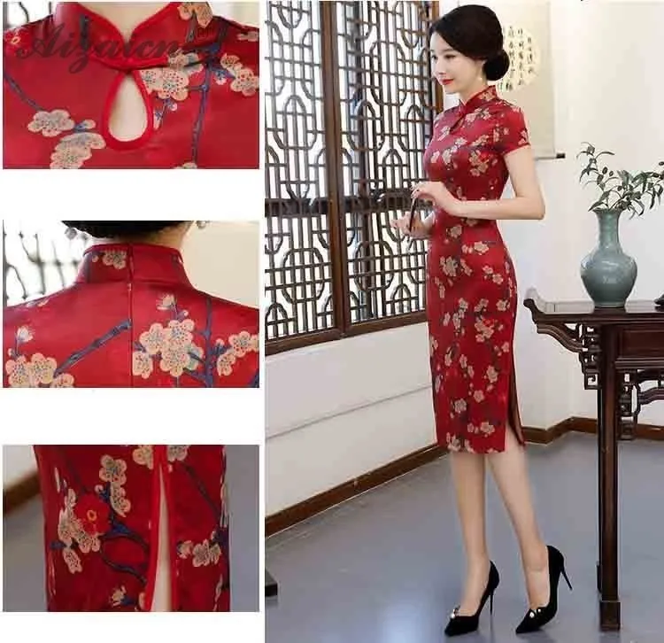 2019 vestido rojo chino tradicional vestido satinado Qi Pao винтажный Чонсам розовая одежда estilo Восточная vestidos de impresión