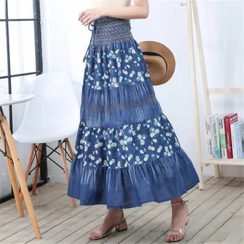 

High Waist Long Denim Skirt Women Vintage Maxi Pleated Skirt Casual Elegant Elastic Floral Jean Skirt Jupe Longue Femme Ds50663