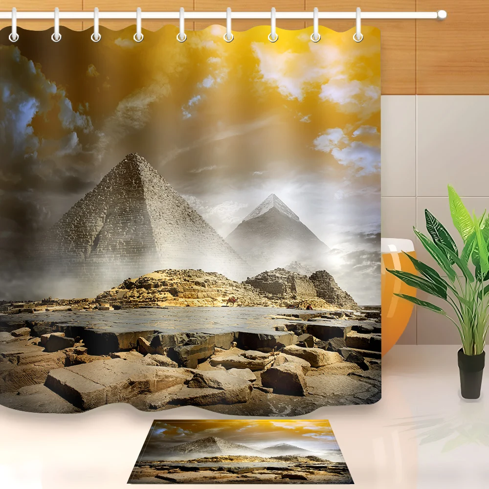 

LB 3d Extra Long Pyramid Khufu Ancient Egyptian Exotic Shower Curtain Liner And Bath Mat Set Bathroom Fabric For Bathtub Decor