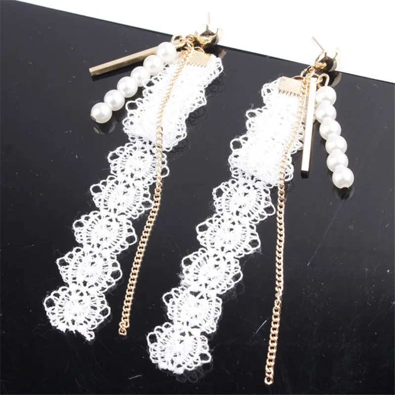

New Fashion Elegant Black White Pearl Lace Tassel Earrings Long Drop Earrings For Women Wedding Party Jewelry Earrings