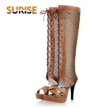 

Casual Women Sandals Gladiator Rome 11cm High Thin Spike Heel Platform Patent Leather Net Mesh Summer Knee-high Ladies Stiletto