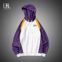 Fashion Men Purple Hoodies Swearshirts Harajuku Patchwork Printed Hooded Sweatshirt Hip Hop Streetwear Male Tracksuit Pullover