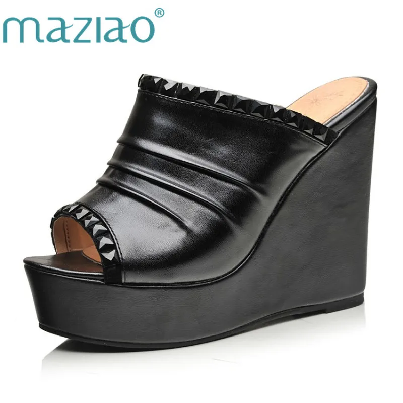 

MAZIAO Fashion Peep Toe Rhinestone Pleated Wedges Platforms Summer Ladies Sandals Slip on Shoes Black White Orange Size 32-33