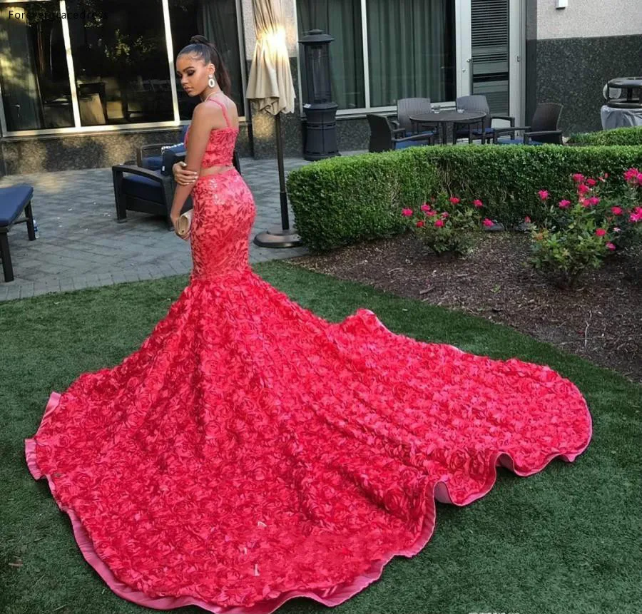 Hot Sell Floral Two Pieces Mermaid Prom Dresses 2019 African Black Girl Luxury 3D Rosettes Long Train Prom Gowns Custom Made BC1175  228 (4)