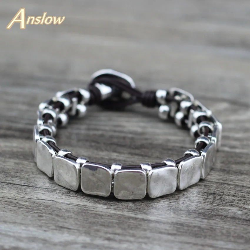 Anslow New Punk Rock Bijoux Fashion Jewelry Vintage Antique Silver Plated Leather Bracelet For Women Men Unisex Gift LOW0709LB