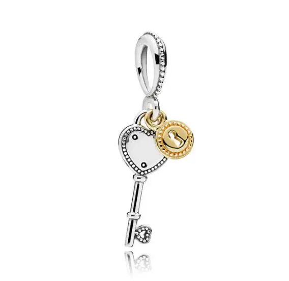 

925 Sterling Silver Bead Gold Color Key To My Love Heart Pendant Beads Fit Pandora Bracelet & Necklace Diy Jewelry