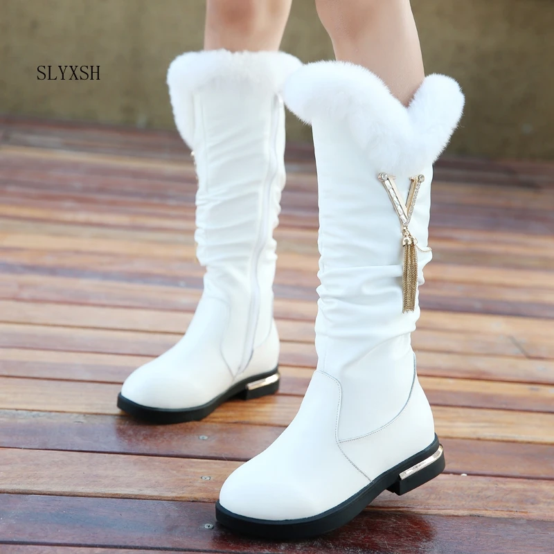 

Children boots girls genuine leather boots winter fashion knee-high boots plus velvet warm rabbit fur kids princess shoes