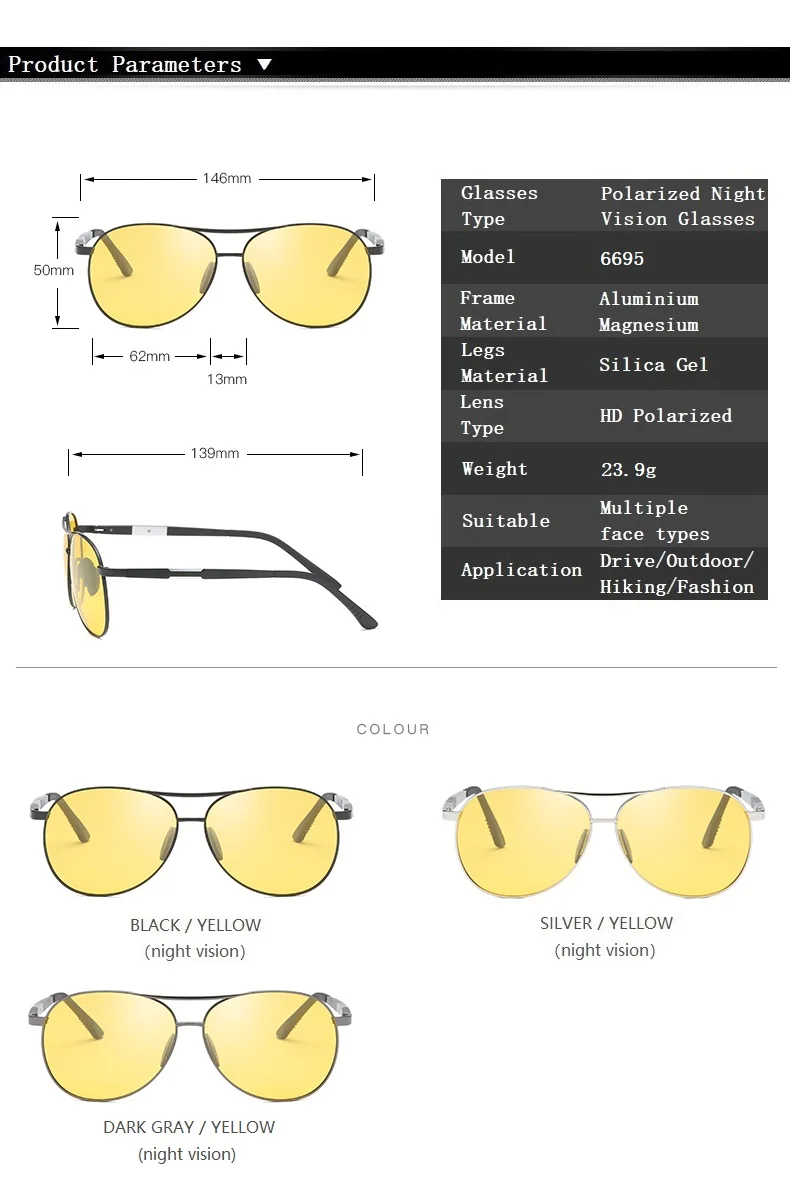 YSO очки ночного видения мужские алюминиевые магниевые поляризованные очки ночного видения для вождения автомобиля антибликовые очки 6695