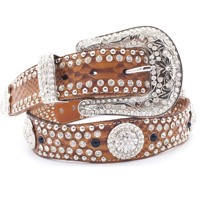 Tan Cowhide Leather Men Rhinestone Crystal Studded Cowboy Western