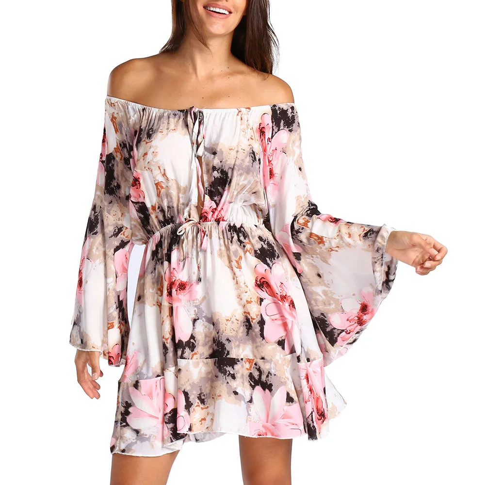 

2019 Hot Summer Womens Off Shoulder Floral Print Dress Fashion Casual Evening Party Strapless shoulder Dress Vestido floral Wd4