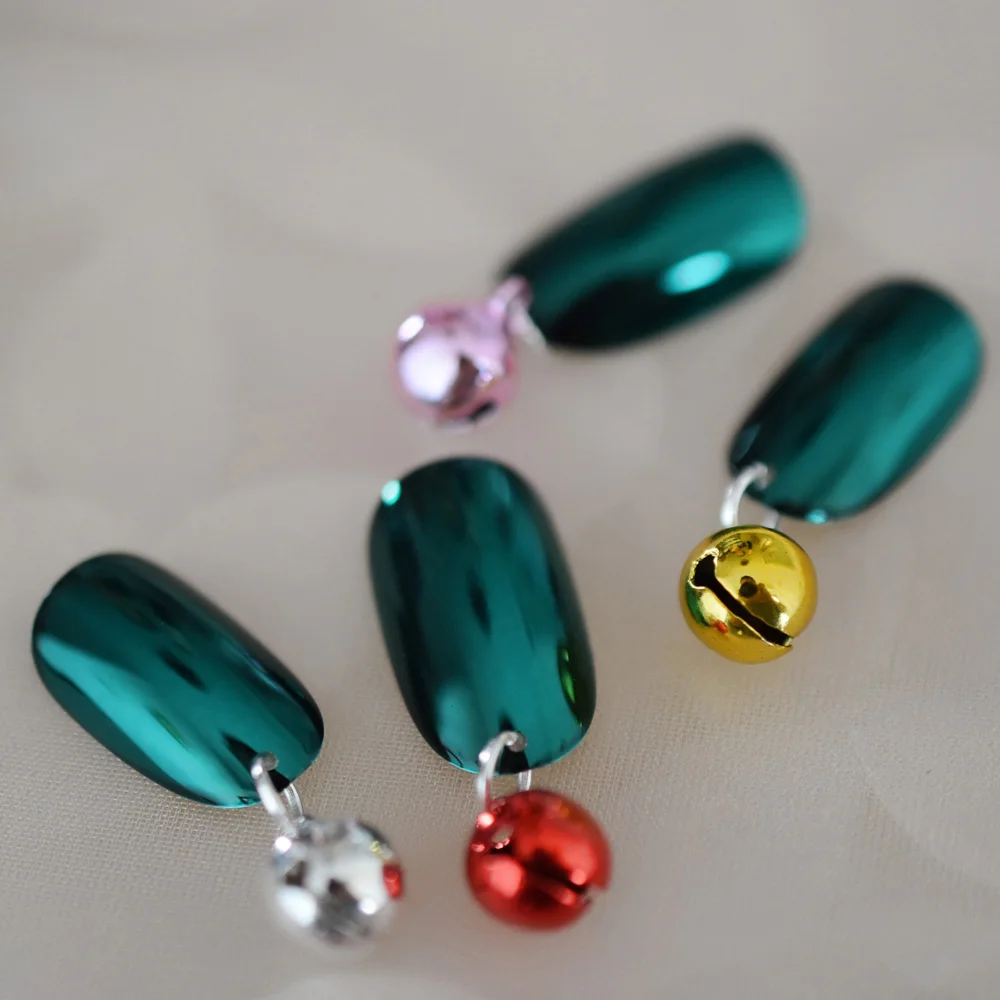 

Merry Christmas Theme Nail Art Tips Bell Green Mettallic Oval Fake Nails Custom XMAS Decoration Manicure Tip 24