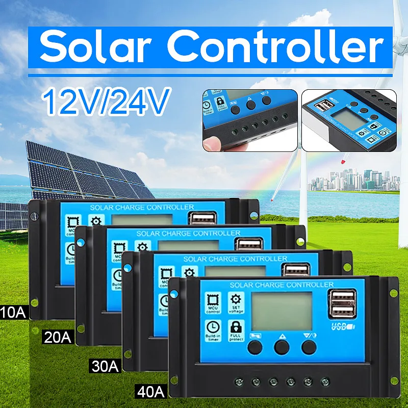 

10/20/30/40A 12V 24V Auto Solar Charge Controller PWM With LCD Dual USB 5V Output Solar Cell Panel Regulator PV Home