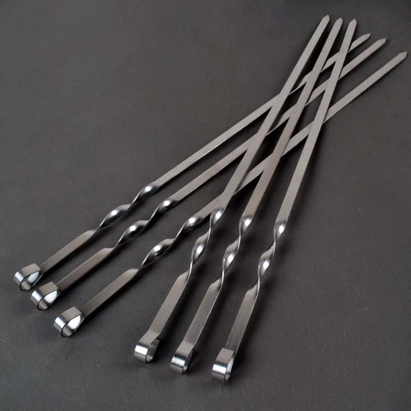 BBQ Skewers Stainless Steel Large Flat Barbecue Needle Skewer Set Shish Kabob Metal Handle Outdoor Forks Tool 6-12pc 21.6'' 55CM