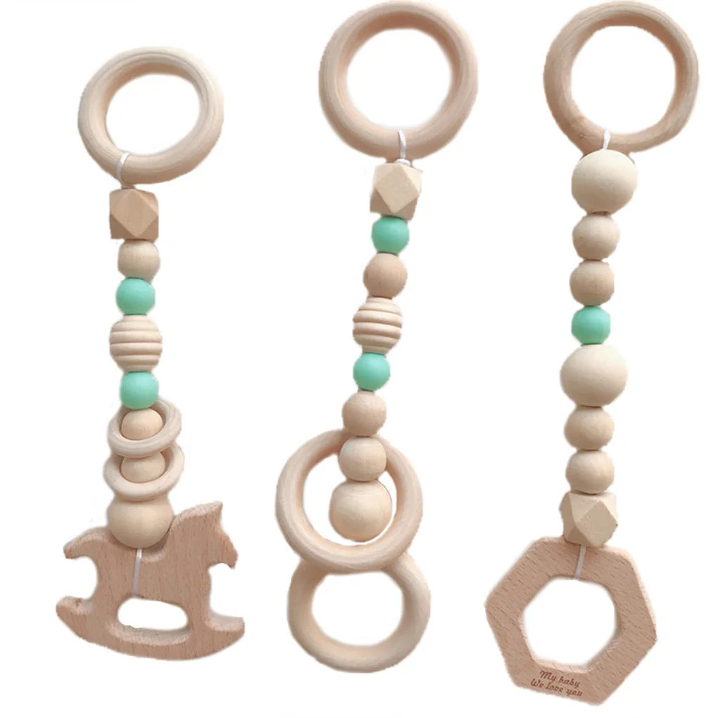 New 3PCS/Set Baby Play Gym Silicone Beads Wood Teether Toddler Hanger Rattle Wood Ring Teething Toys Newborn Baby Pram Toy - Цвет: NO.3