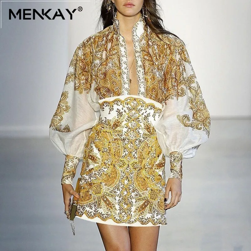 

[MENKAY] Vintage Print Shirt For Women Stand Collar Lantern Sleeve Hollow Out Mini Skirt Female Fashion Clothes 2019 Summer New