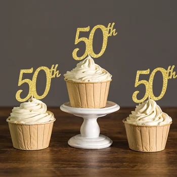 

Gold/Silver/Black Glitter 50th Cupcake Toppers Picks, Fifty Birthday Party Decorations 50 Anniversary Cake Accessory Supplies