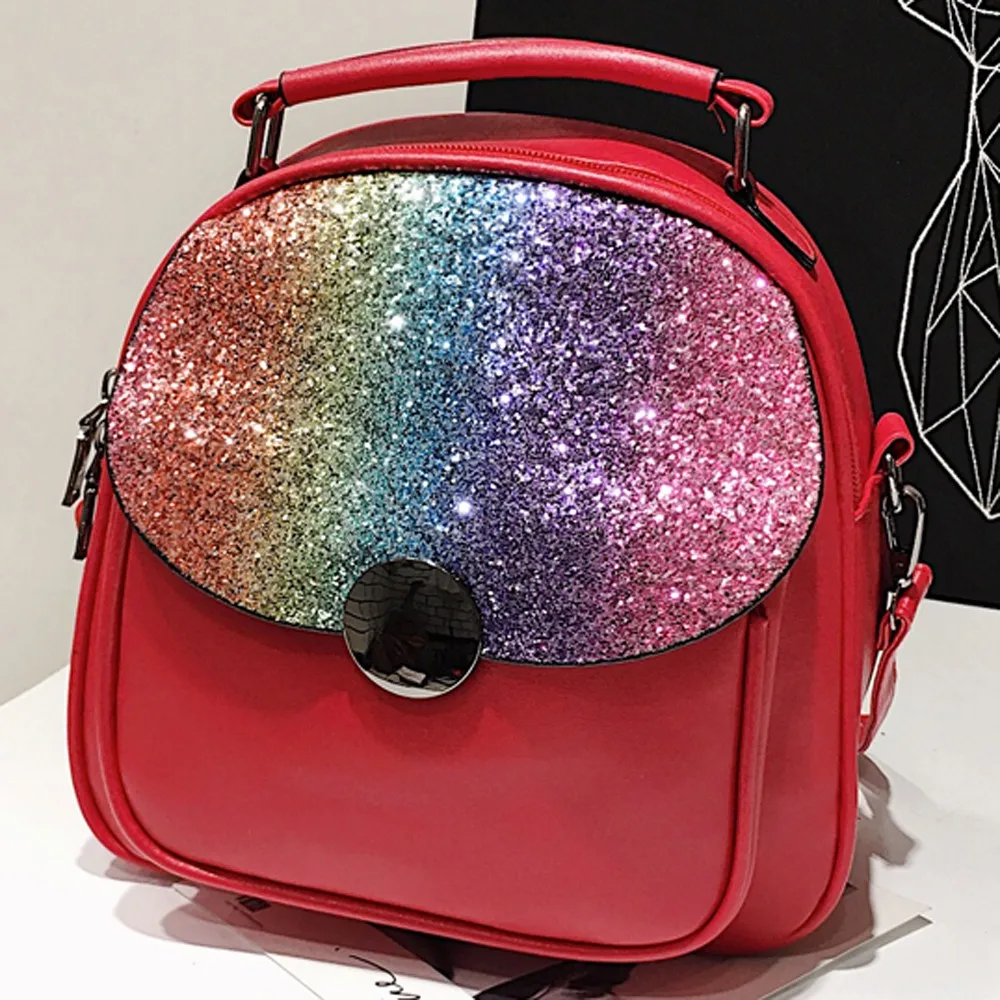 Fashion Feminine Backpacks Sequined PU Leather Solid Women Small Travel