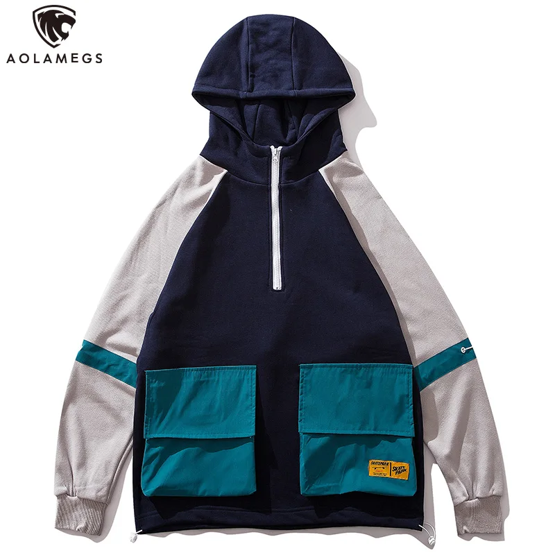 

Aolamegs Hoodies Men Big Pockets Patchwork Pullover Cargo Style Half Zipper Men Hooded Back Drawstring High Street Sweatshirt