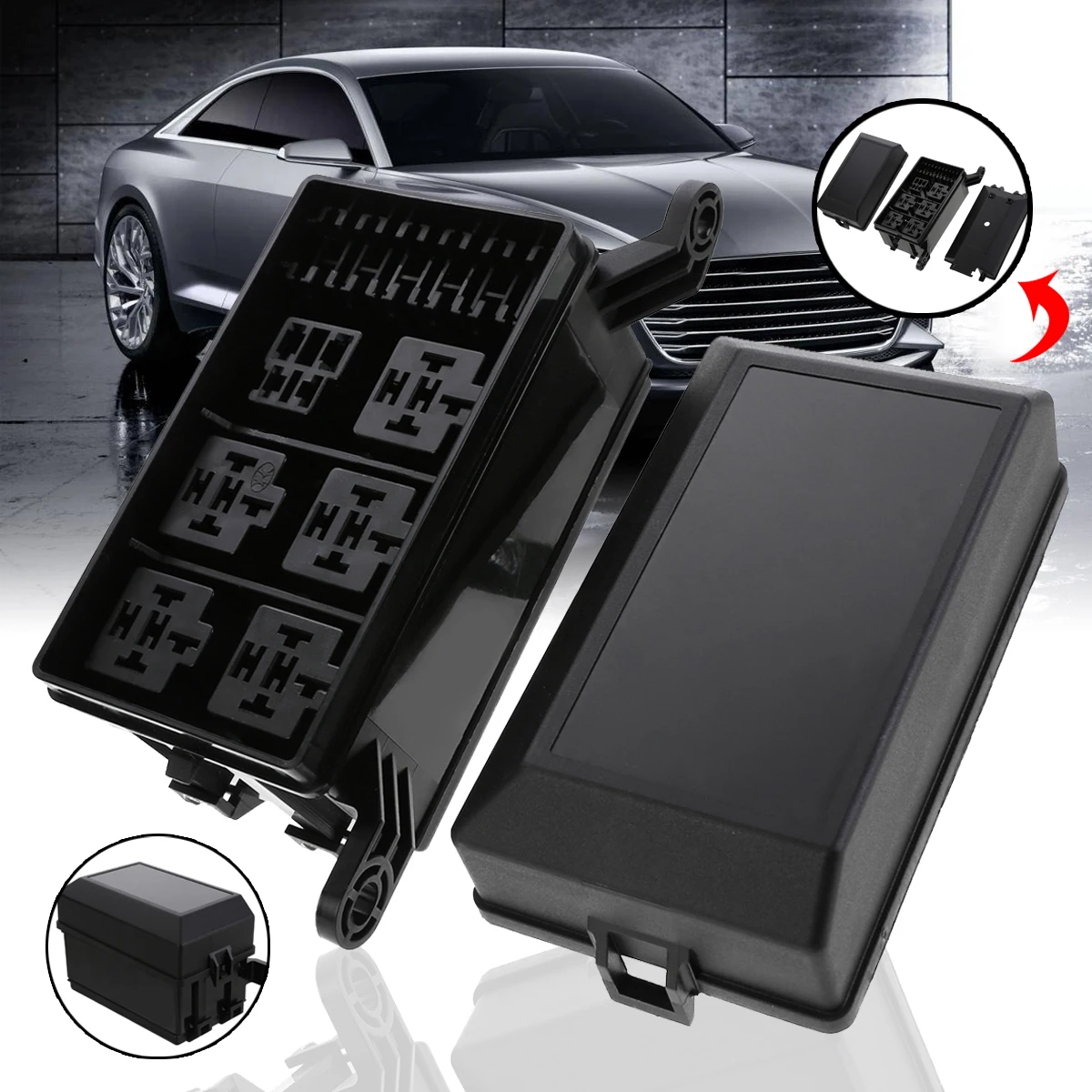 

12-Slot Relay Box 6 Relays 6 ATC/ATO Fuses Holder Block + Metallic Pins For Automotive Accessories