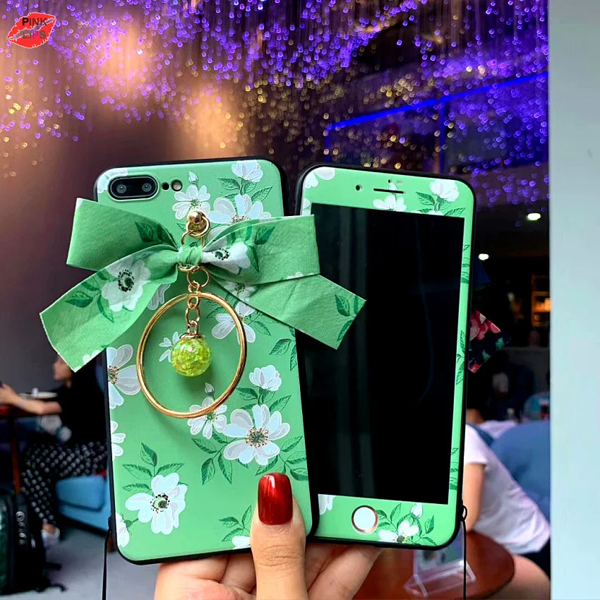 PINK LIPS Brand For iPhone XS Max XR 3D flower Case +Tempered Glass Screen film Cartoon Floral case for iPhone 6 6S 6 7 7plus 10 (20)