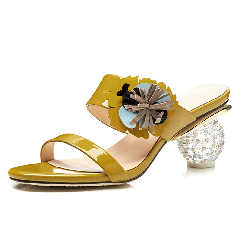 

Yellow Leather Women Mules 7 CM Crystal Chunky Heels Sexy Open-toe Summer Slippers Party Pumps Woman Box packing T2-39