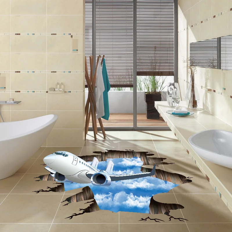 Голубое небо 3D самолет сломанной стены стикеры Гостиная Ванная комната украшения наклейки домашний Декор самолет сломанный пол наклейки