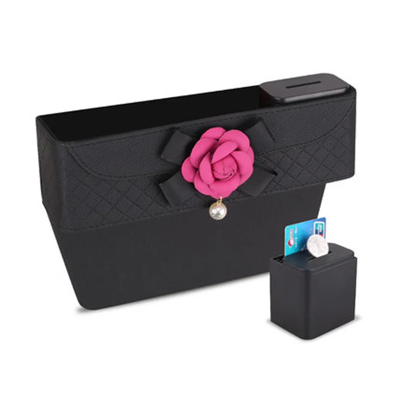 Автомобильное кресло Camellia, щелевая коробка для хранения кожаных клетчатых сидений, органайзер для телефонных карт с цветами и жемчужинами, Автомобильные карманы с зазором, черный цвет