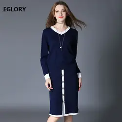 Высокое качество свитер юбка костюм 2019 Весна Осень трикотажные наборы Женский v-образный вырез с длинным рукавом Пуловеры + миди
