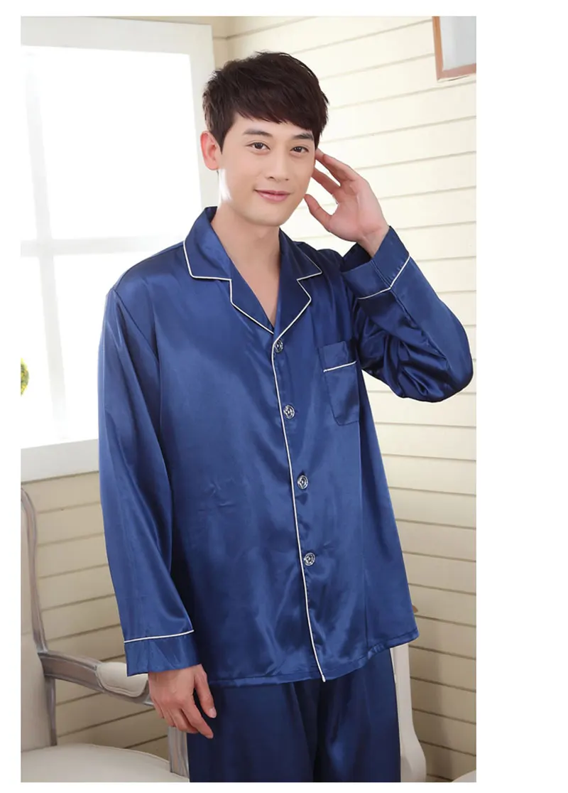 Новое поступление мужской весенне-осенний длинный рукав имитировать шелк Lounge повседневные пижамные комплекты парная Пижама Прямая AP331 - Цвет: Синий