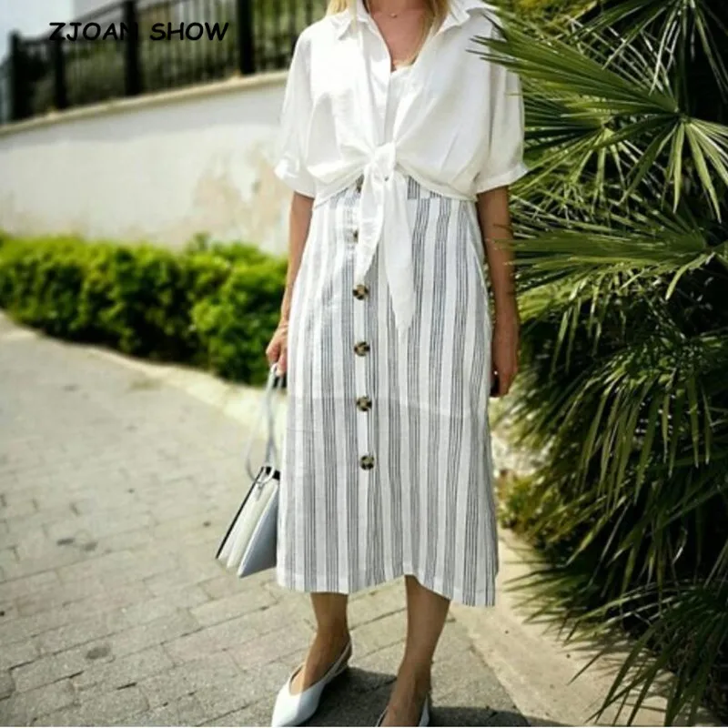 

Vintage Striped Print Side Slit Mid-Calf Linen Skirt 2018 Summer Woman High Waist Buttons Single-breasted Skater A-Line Skirts