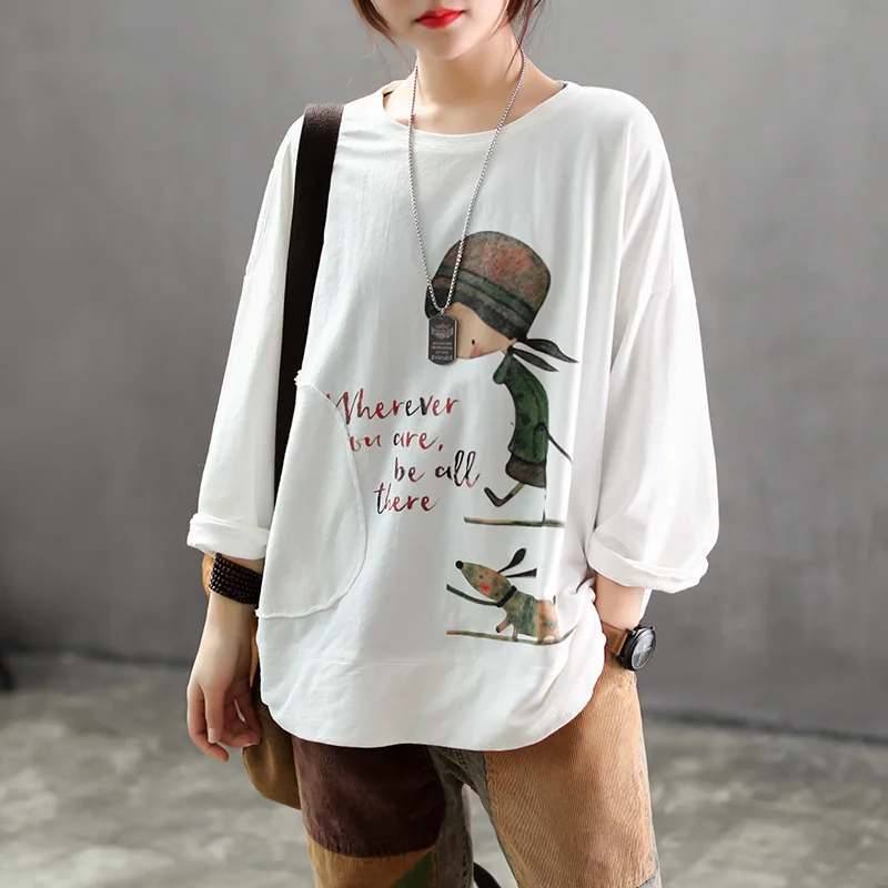 

Spring Autumn T-shirt Women Fashion Large size Loose Pullovers New Tops O-Neck Print Patchwork Character Casual T-shirt 2019