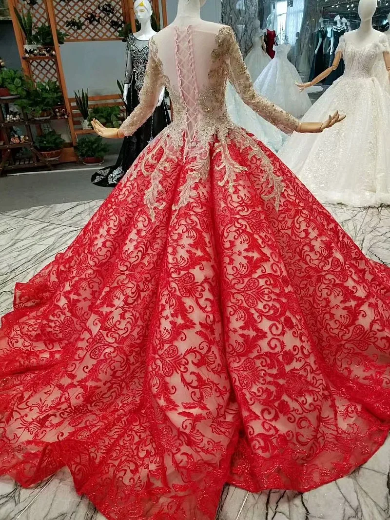 LS851101 красная кривая фигуры невесты праздничное платье с золотой кружева с круглым вырезом Длинные рукава бальный наряд невесты платья суд