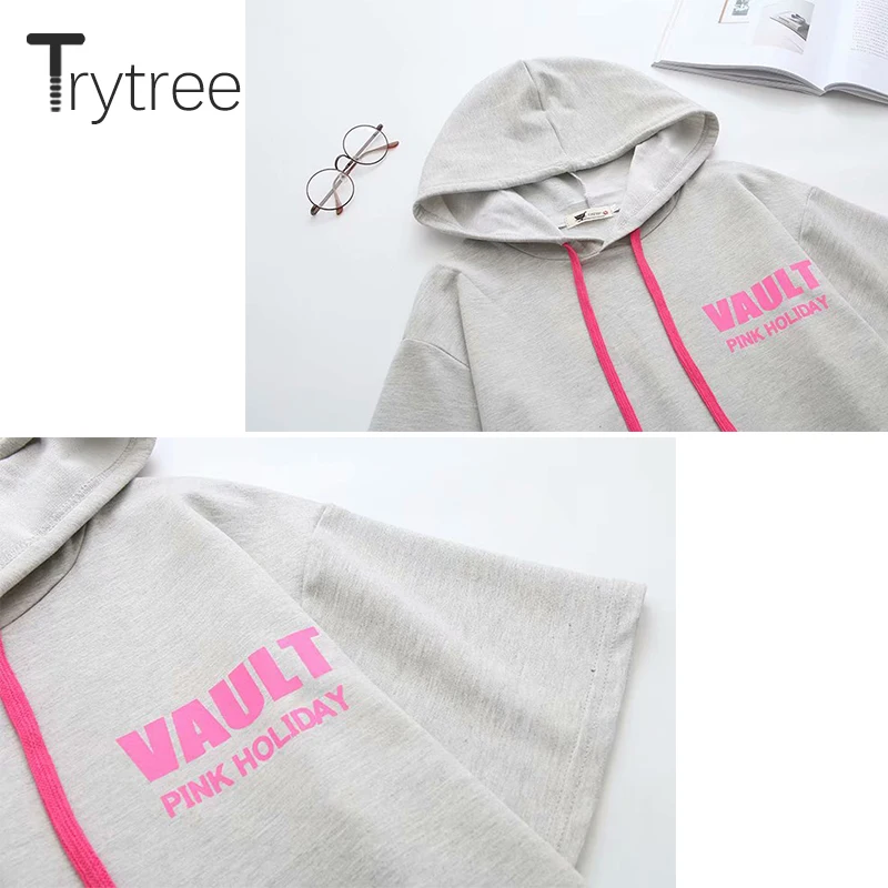 Trytree летние Повседневное Для женщин длинная футболка с капюшоном буквенным