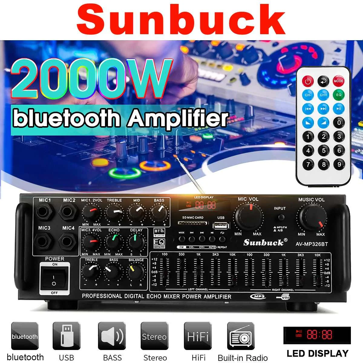 2000W 110 V/220 V 2 canales bluetooth inicio estéreo amplificador de Audio USB SD amplificadores remotos subwoofer amplificador - 1