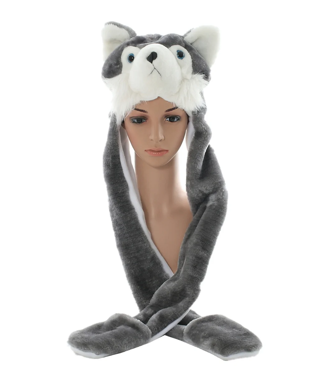 Douchow/Новая модная милая плюшевая белая панда, шапка в виде животного с рукавицы-лапы для взрослых, подростков, детей, мальчиков, девочек, зимние шапочки - Цвет: Grey Wolf
