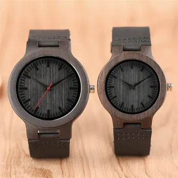 

Couple Watches for Lovers luxury Handmade Ebony Wooden Quartz Watch Nature Bamboo Male Female Clock Genuine Leather Strap 2018
